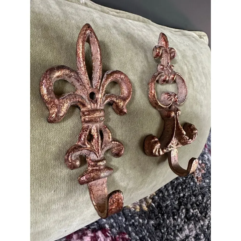 Vintage Wall Hooks, French style Decor gold metal ornate set of 2, 5x3”
